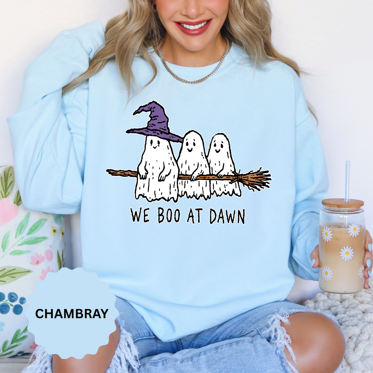 We Boo at Dawn Ghost Sweatshirt, Funny Halloween Witch Broom Pullover, Cute Spooky Season Gift for Friends and Ghost Lovers, October Outfit