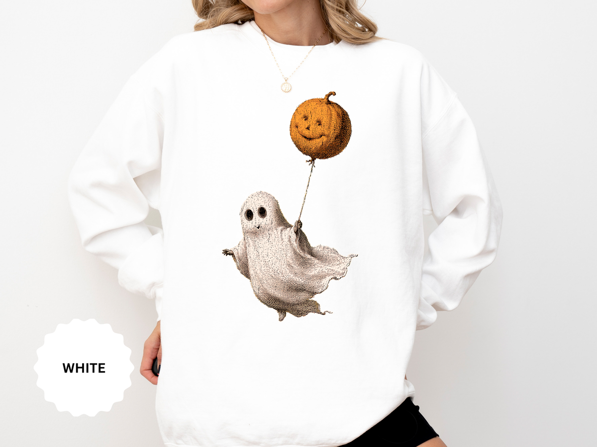 Cute Ghost Halloween Sweatshirt, Pumpkin Balloon Pullover, Vintage Spooky Season Gift for Women, Cozy October Fall Outfit for Ghost Loversv