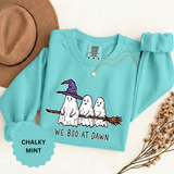 We Boo at Dawn Ghost Sweatshirt, Funny Halloween Witch Broom Pullover, Cute Spooky Season Gift for Friends and Ghost Lovers, October Outfit
