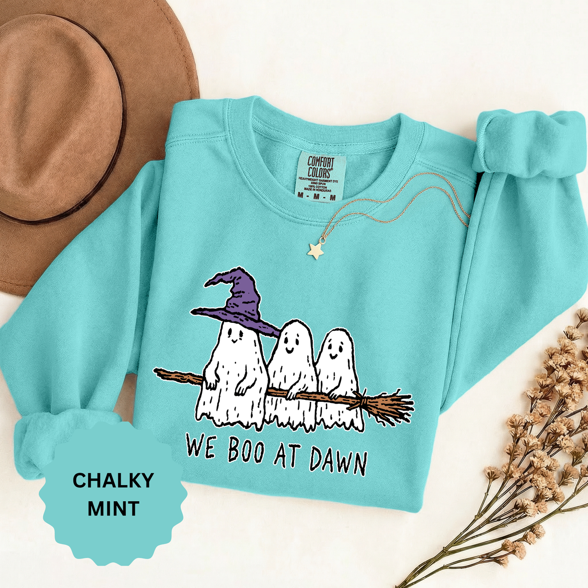 We Boo at Dawn Ghost Sweatshirt, Funny Halloween Witch Broom Pullover, Cute Spooky Season Gift for Friends and Ghost Lovers, October Outfit