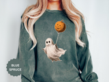 Cute Ghost Halloween Sweatshirt, Pumpkin Balloon Pullover, Vintage Spooky Season Gift for Women, Cozy October Fall Outfit for Ghost Loversv