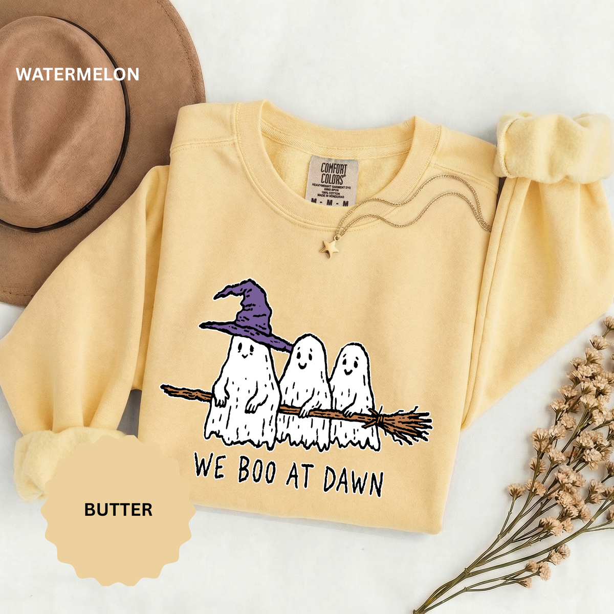 We Boo at Dawn Ghost Sweatshirt, Funny Halloween Witch Broom Pullover, Cute Spooky Season Gift for Friends and Ghost Lovers, October Outfit