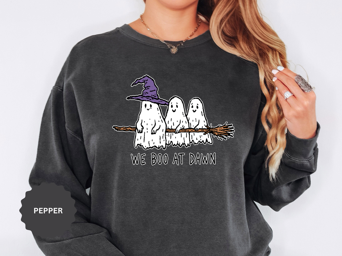 We Boo at Dawn Ghost Sweatshirt, Funny Halloween Witch Broom Pullover, Cute Spooky Season Gift for Friends and Ghost Lovers, October Outfit