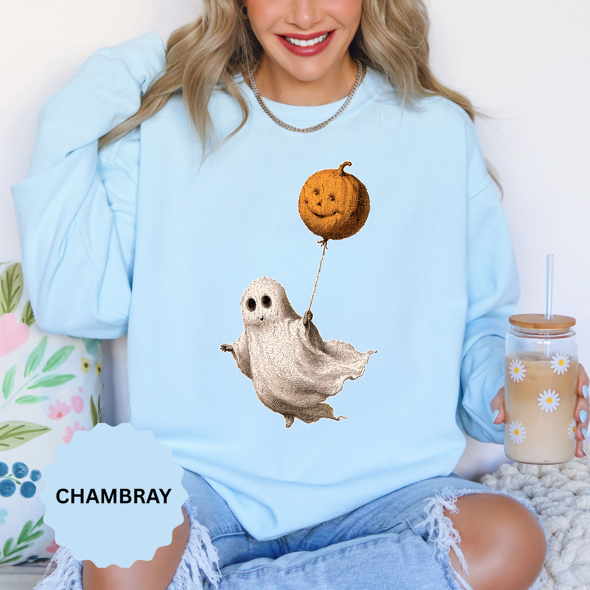 Cute Ghost Halloween Sweatshirt, Pumpkin Balloon Pullover, Vintage Spooky Season Gift for Women, Cozy October Fall Outfit for Ghost Loversv