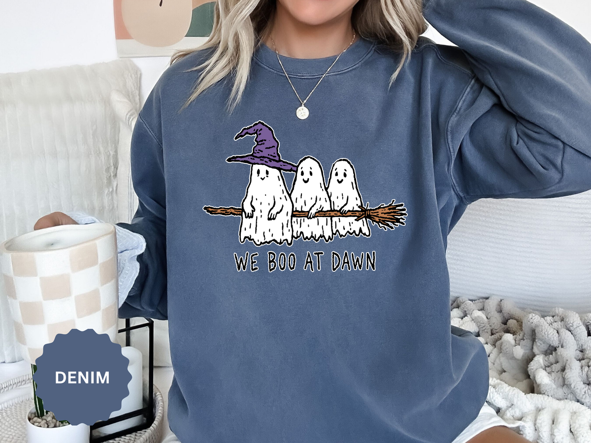 We Boo at Dawn Ghost Sweatshirt, Funny Halloween Witch Broom Pullover, Cute Spooky Season Gift for Friends and Ghost Lovers, October Outfit