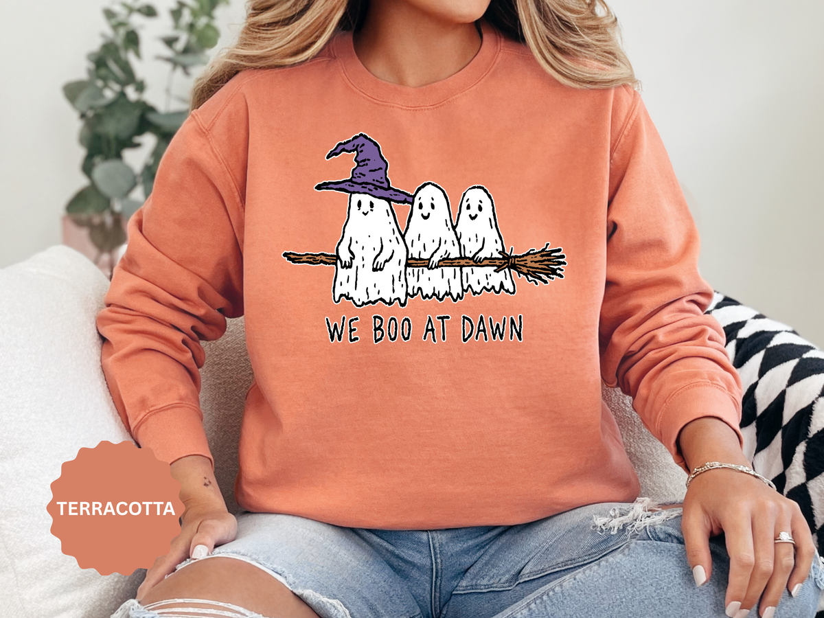 We Boo at Dawn Ghost Sweatshirt, Funny Halloween Witch Broom Pullover, Cute Spooky Season Gift for Friends and Ghost Lovers, October Outfit