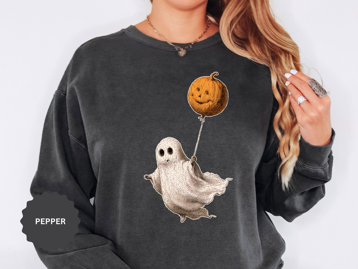 Cute Ghost Halloween Sweatshirt, Pumpkin Balloon Pullover, Vintage Spooky Season Gift for Women, Cozy October Fall Outfit for Ghost Loversv