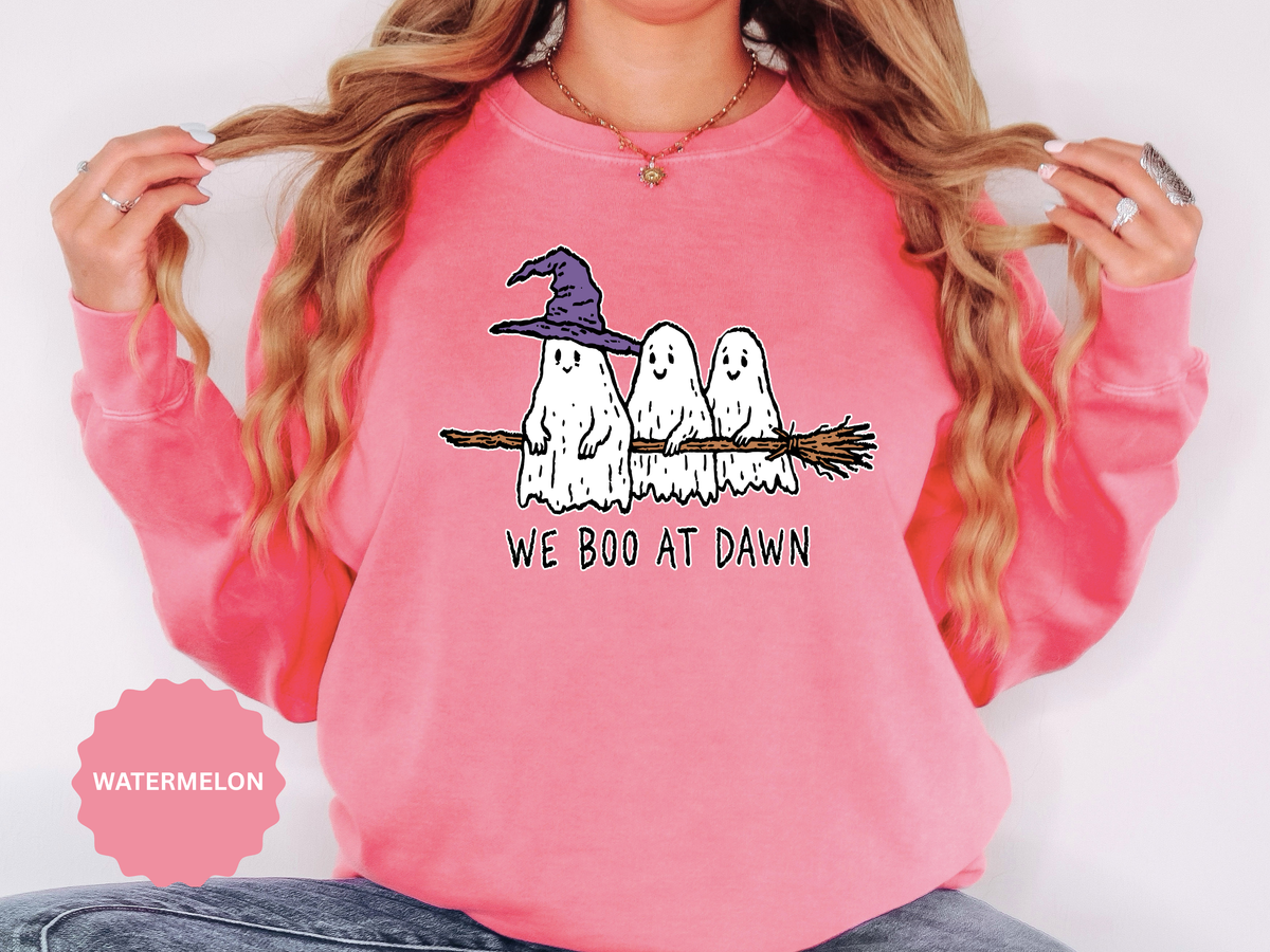 We Boo at Dawn Ghost Sweatshirt, Funny Halloween Witch Broom Pullover, Cute Spooky Season Gift for Friends and Ghost Lovers, October Outfit