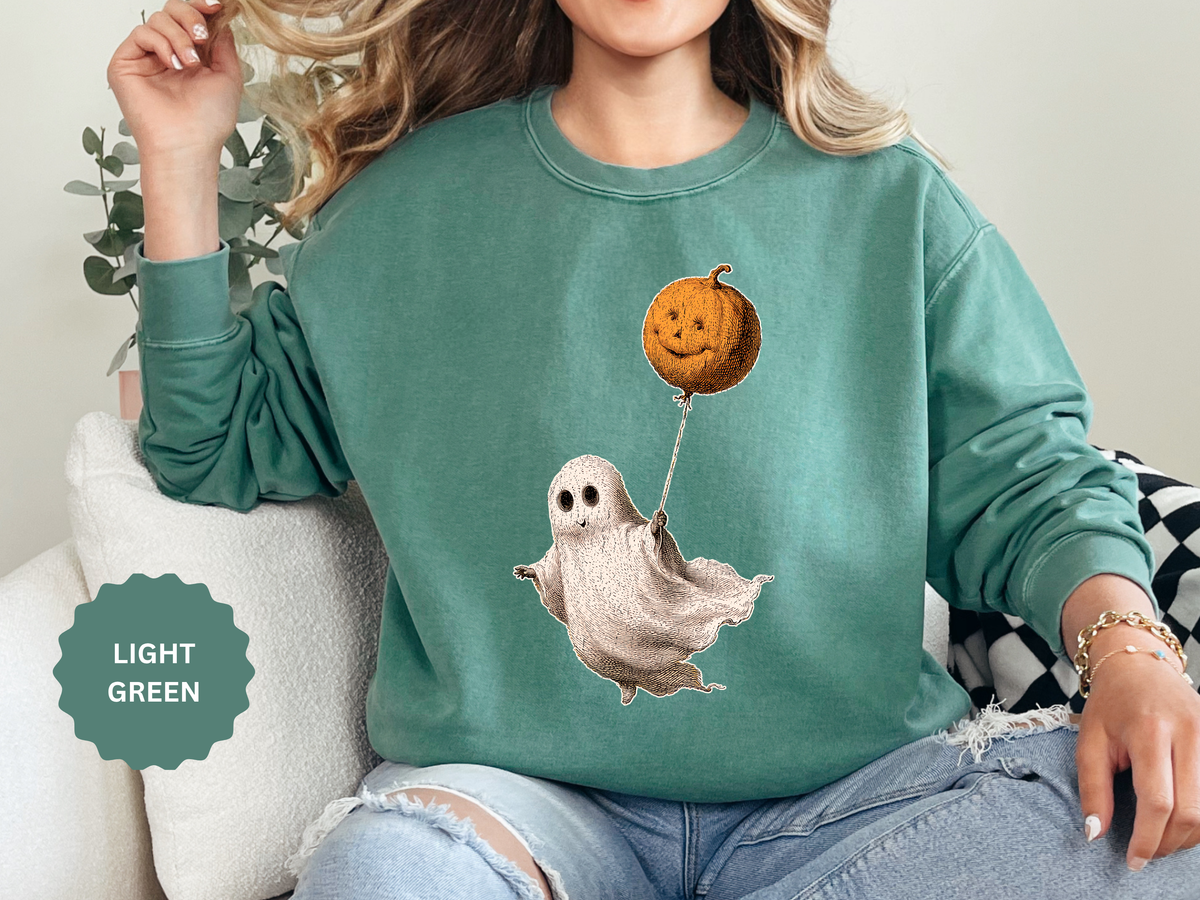 Cute Ghost Halloween Sweatshirt, Pumpkin Balloon Pullover, Vintage Spooky Season Gift for Women, Cozy October Fall Outfit for Ghost Loversv