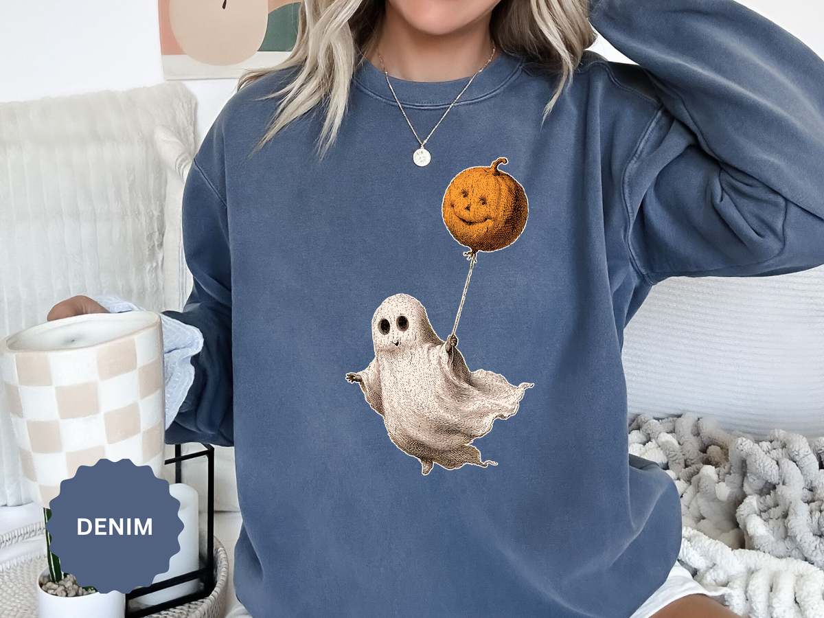 Cute Ghost Halloween Sweatshirt, Pumpkin Balloon Pullover, Vintage Spooky Season Gift for Women, Cozy October Fall Outfit for Ghost Loversv