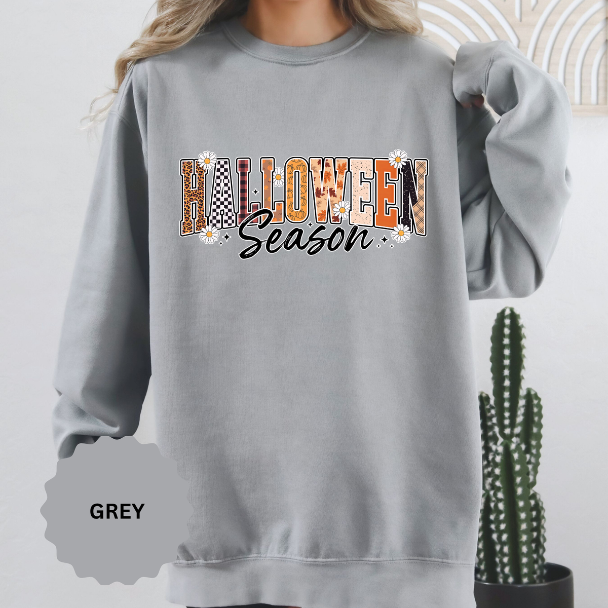 Halloween Season Sweatshirt, Leopard Plaid Pumpkin Letter Pullover, Cute Fall Gift for Women, Spooky October Outfit for Teachers and Moms