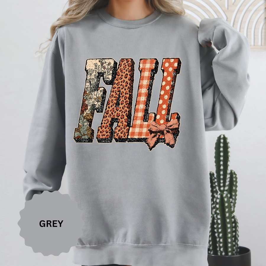 Patchwork Fall Sweatshirt, Floral Leopard Plaid Autumn Pullover, Coquette Bow Seasonal Gift for Women, Cozy Thanksgiving Outfit for Her