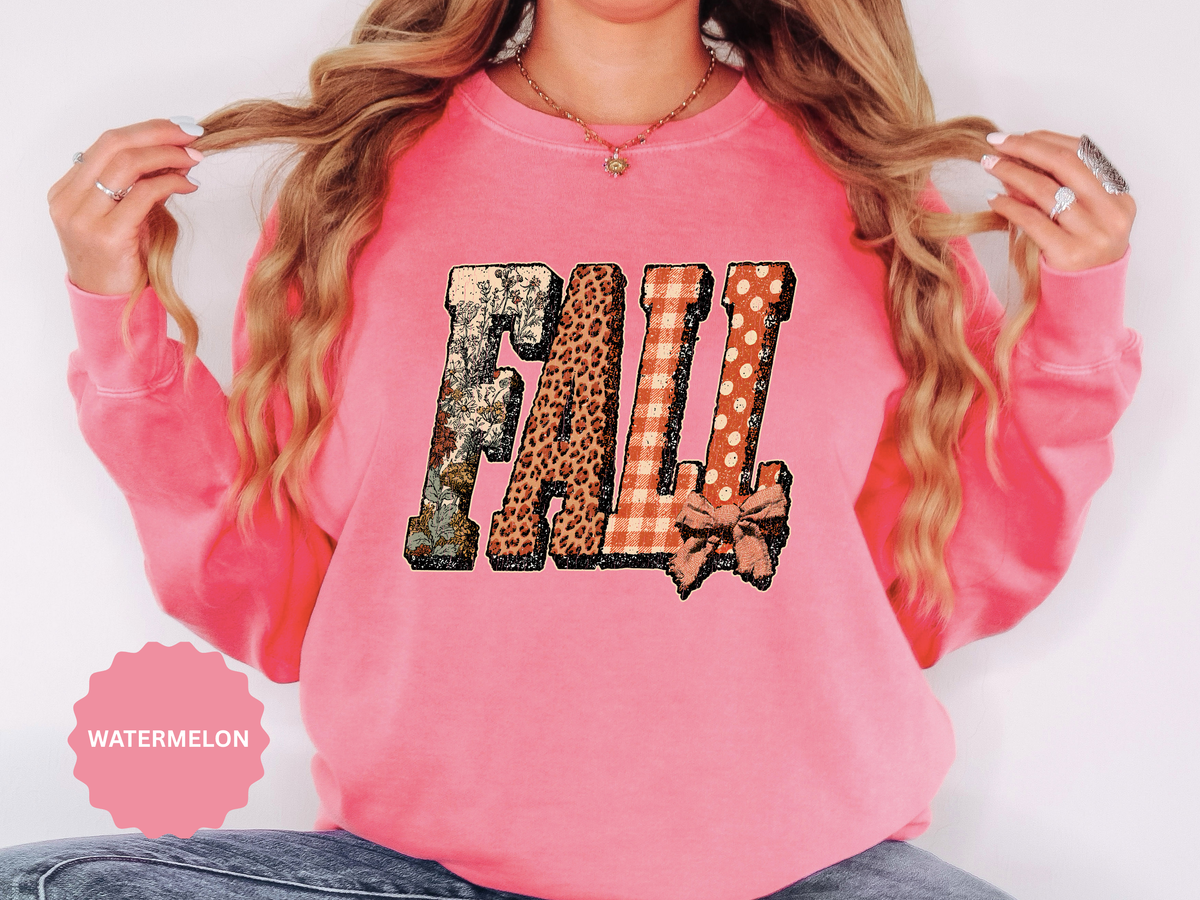 Patchwork Fall Sweatshirt, Floral Leopard Plaid Autumn Pullover, Coquette Bow Seasonal Gift for Women, Cozy Thanksgiving Outfit for Her