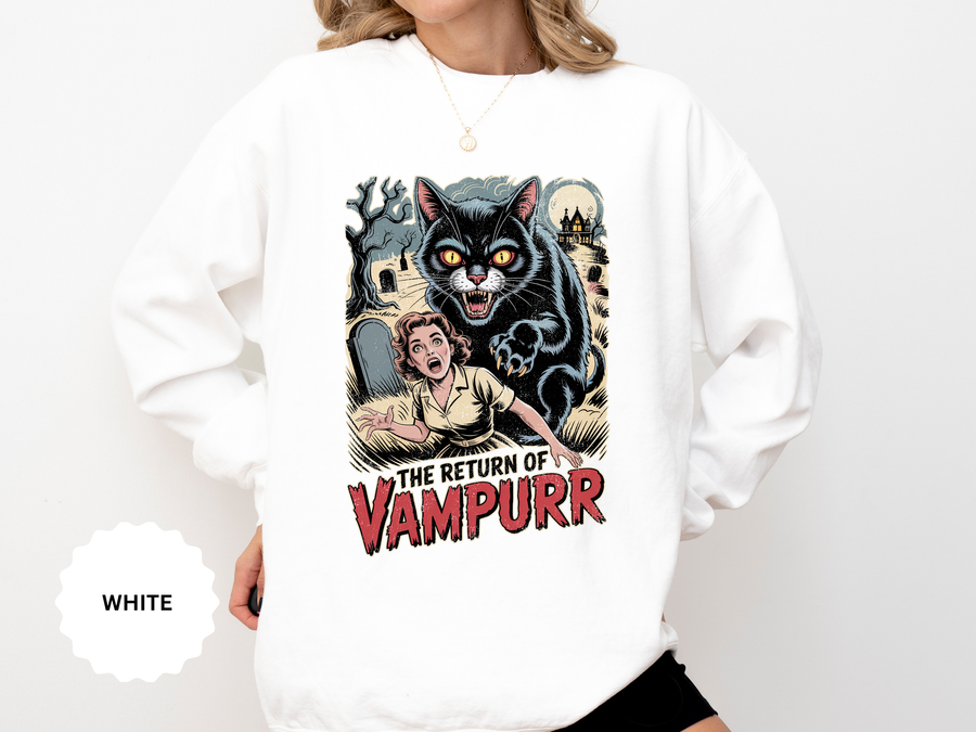 Black Cat Halloween Sweatshirt, The Return of Vampurr Retro Horror Pullover, Funny Spooky Gift for Cat Mom and Vintage Movie Fans Alike