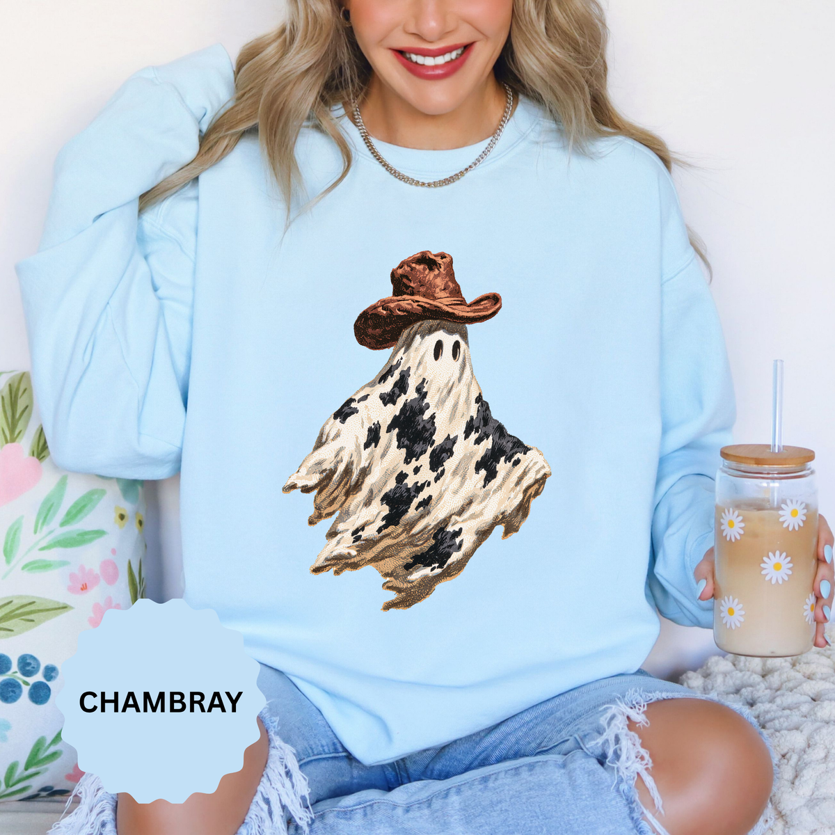 Western Ghost Halloween Sweatshirt, Cowboy Hat Spooky Pullover, Cute Vintage Fall Gift for Cowgirl, Country October Outfit for Women