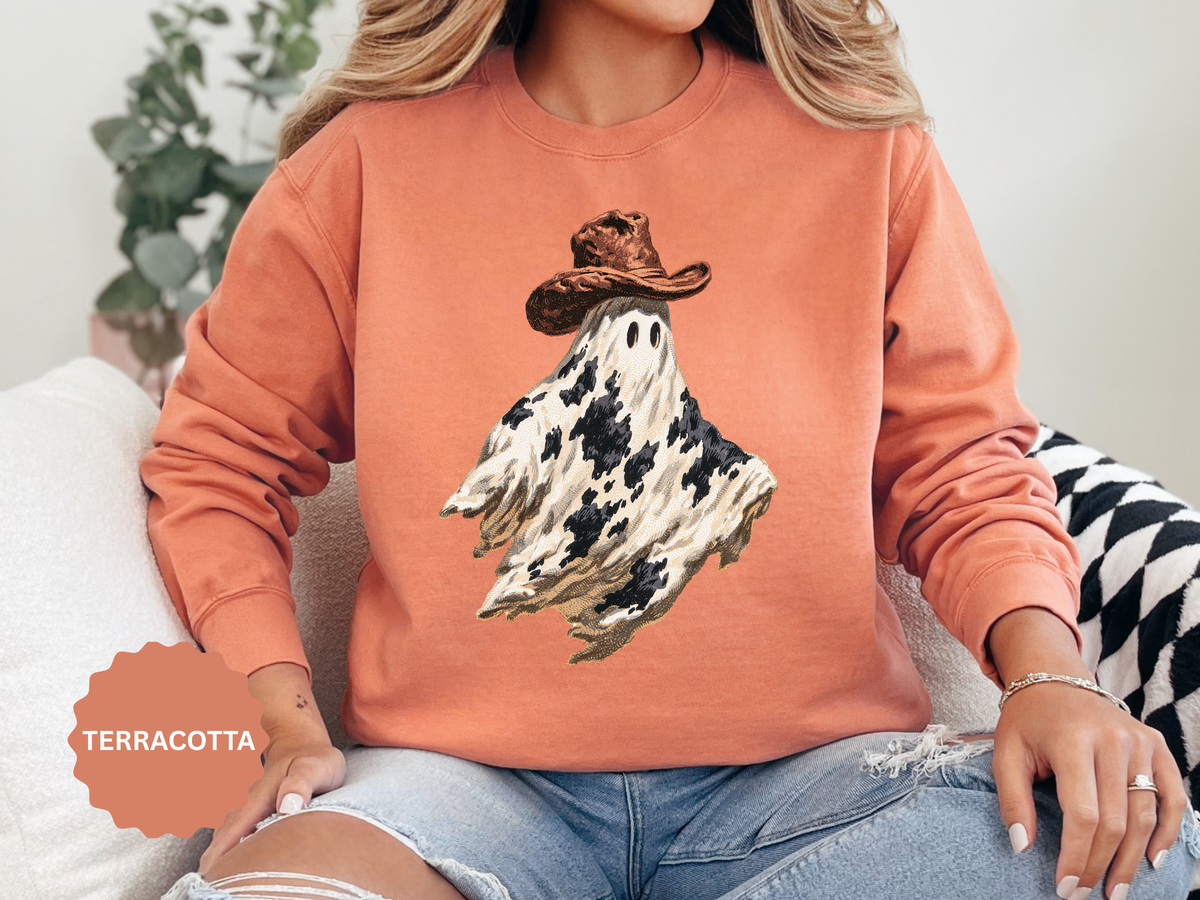 Western Ghost Halloween Sweatshirt, Cowboy Hat Spooky Pullover, Cute Vintage Fall Gift for Cowgirl, Country October Outfit for Women