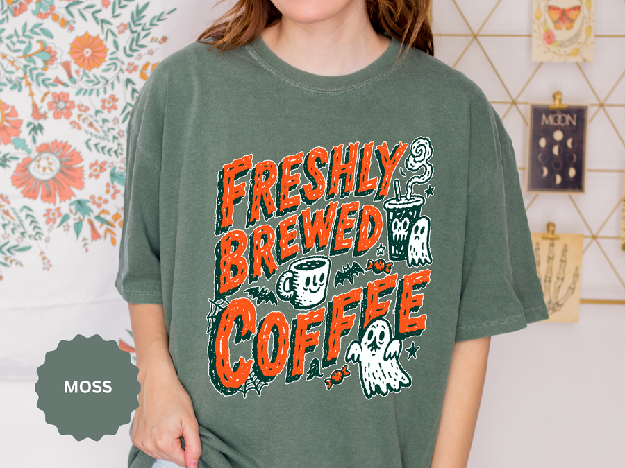 Coffee Lover Halloween Shirt, Freshly Brewed Coffee Ghost T-Shirt, Cute Spooky Season Gift for Barista and Caffeine Fan, Gift for Her