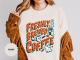 Coffee Lover Halloween Shirt, Freshly Brewed Coffee Ghost T-Shirt, Cute Spooky Season Gift for Barista and Caffeine Fan, Gift for Her