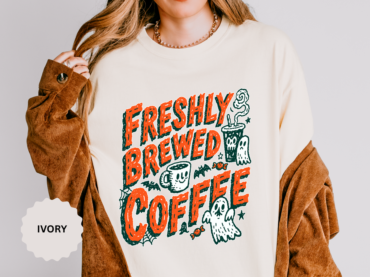 Coffee Lover Halloween Shirt, Freshly Brewed Coffee Ghost T-Shirt, Cute Spooky Season Gift for Barista and Caffeine Fan, Gift for Her