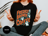 Coffee Lover Halloween Shirt, Freshly Brewed Coffee Ghost T-Shirt, Cute Spooky Season Gift for Barista and Caffeine Fan, Gift for Her