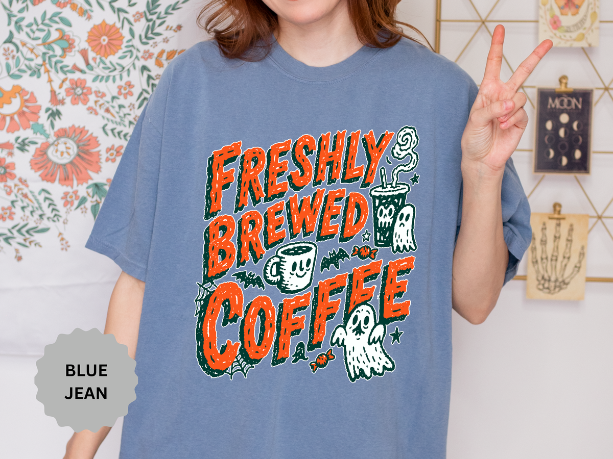Coffee Lover Halloween Shirt, Freshly Brewed Coffee Ghost T-Shirt, Cute Spooky Season Gift for Barista and Caffeine Fan, Gift for Her