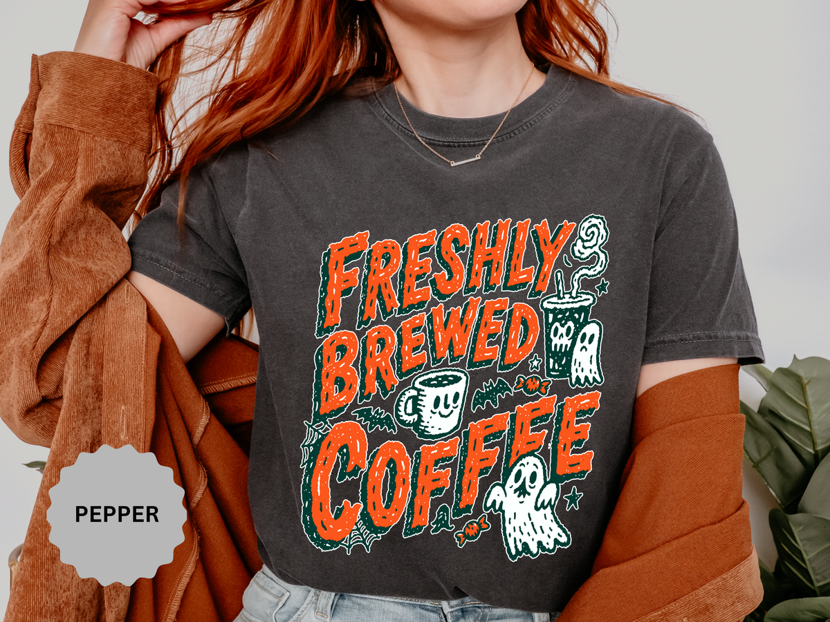 Coffee Lover Halloween Shirt, Freshly Brewed Coffee Ghost T-Shirt, Cute Spooky Season Gift for Barista and Caffeine Fan, Gift for Her