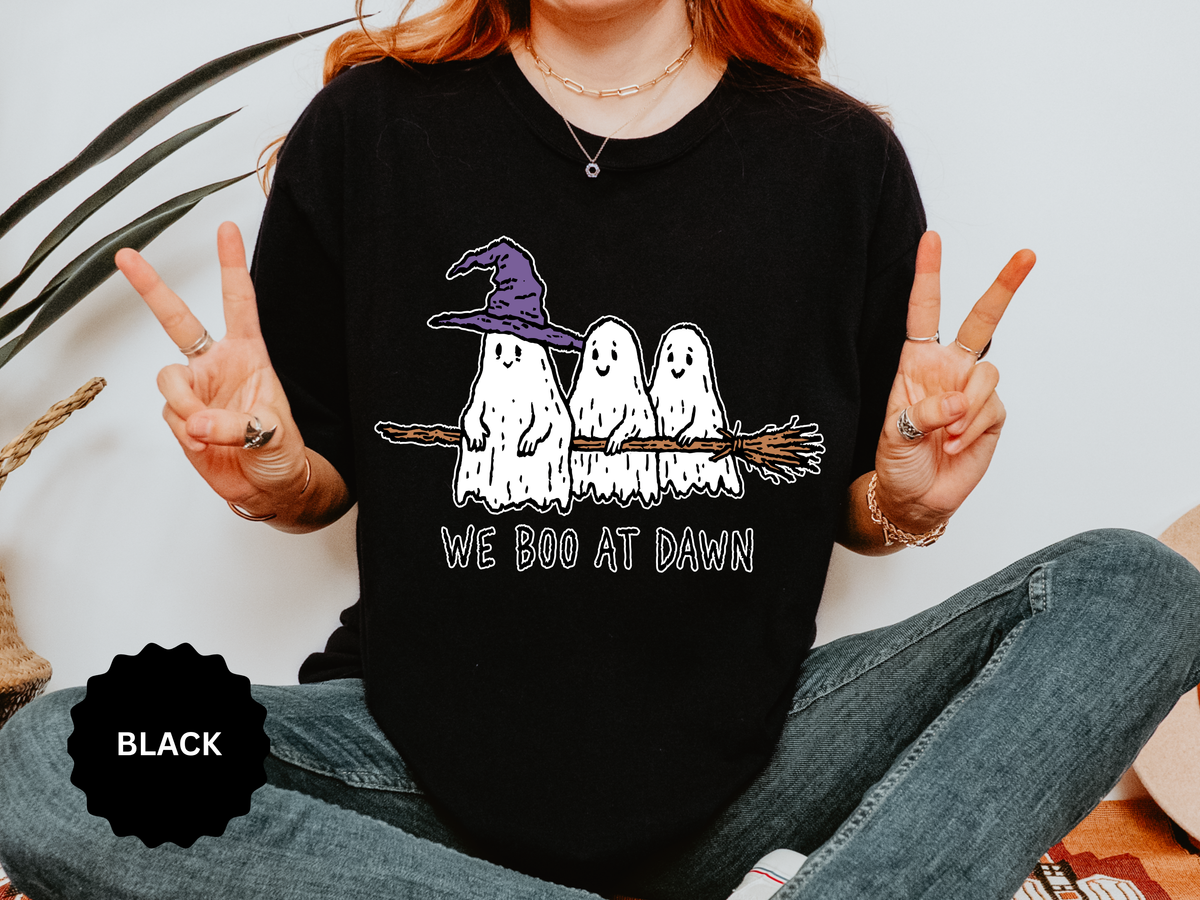 We Boo at Dawn Ghost Shirt, Funny Halloween Witch Broom Graphic Tee, Cute Spooky Season Gift for Friends and Ghost Lovers, October Outfit