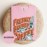 Coffee Lover Halloween Shirt, Freshly Brewed Coffee Ghost T-Shirt, Cute Spooky Season Gift for Barista and Caffeine Fan, Gift for Her