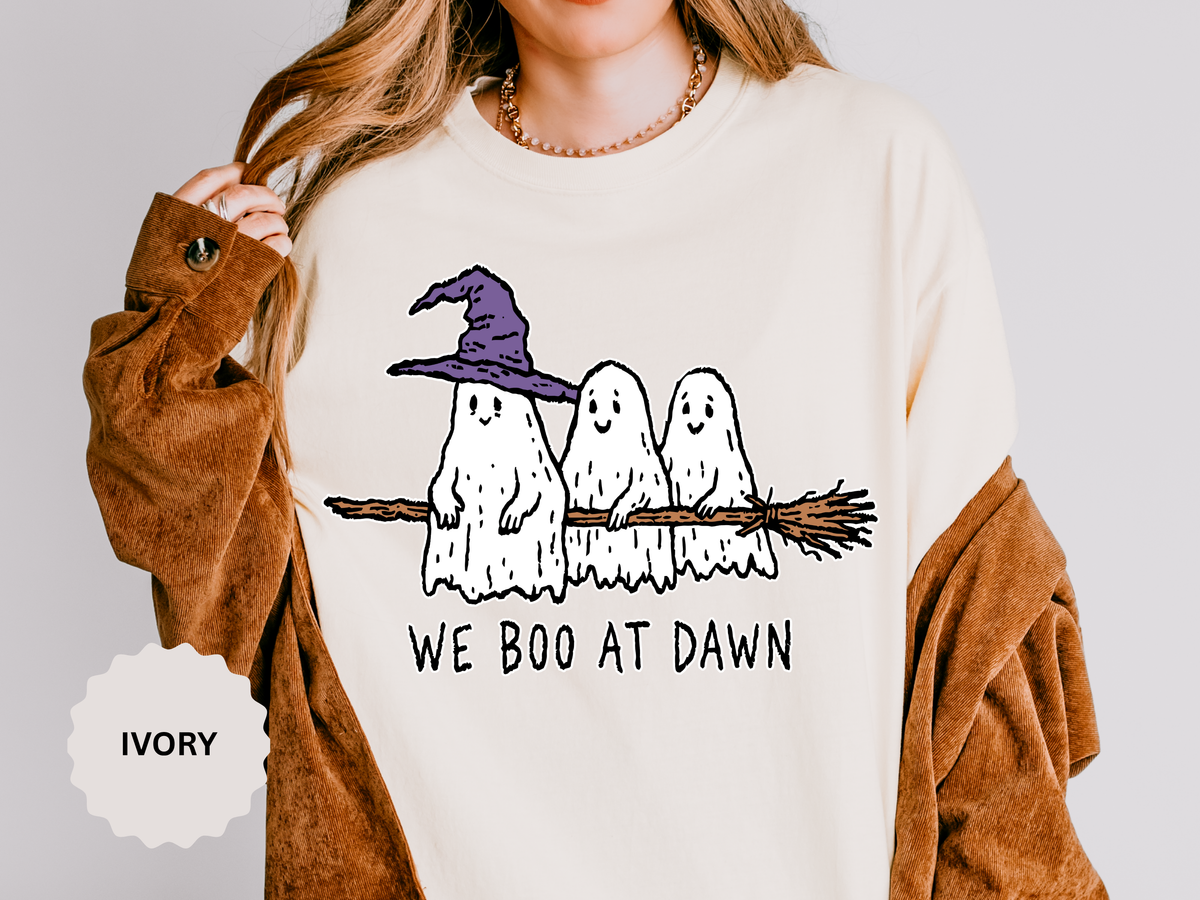 We Boo at Dawn Ghost Shirt, Funny Halloween Witch Broom Graphic Tee, Cute Spooky Season Gift for Friends and Ghost Lovers, October Outfit