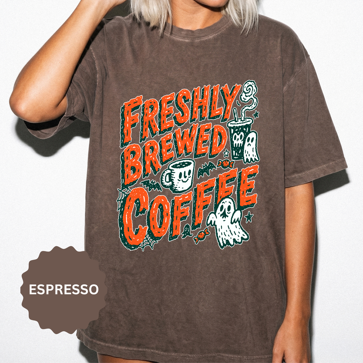 Coffee Lover Halloween Shirt, Freshly Brewed Coffee Ghost T-Shirt, Cute Spooky Season Gift for Barista and Caffeine Fan, Gift for Her