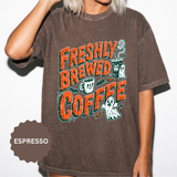 Coffee Lover Halloween Shirt, Freshly Brewed Coffee Ghost T-Shirt, Cute Spooky Season Gift for Barista and Caffeine Fan, Gift for Her