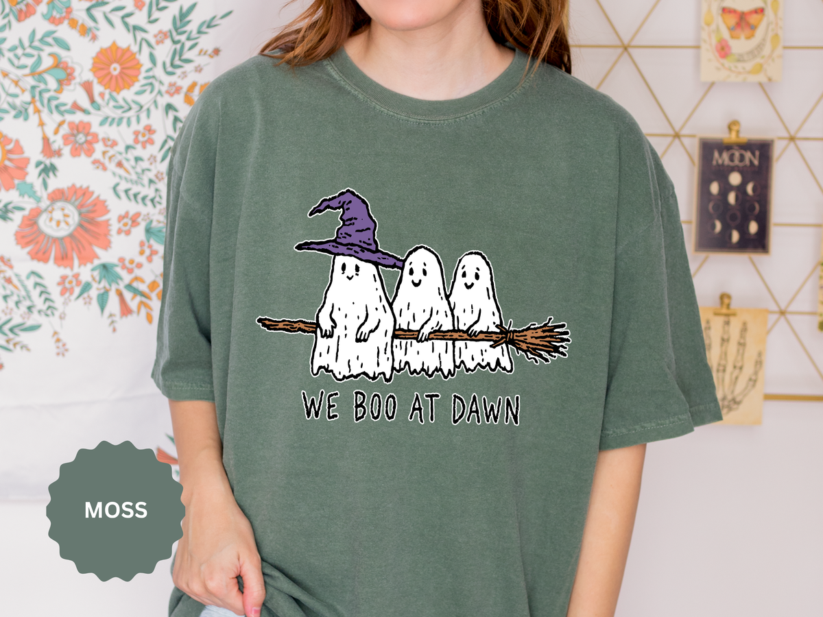 We Boo at Dawn Ghost Shirt, Funny Halloween Witch Broom Graphic Tee, Cute Spooky Season Gift for Friends and Ghost Lovers, October Outfit