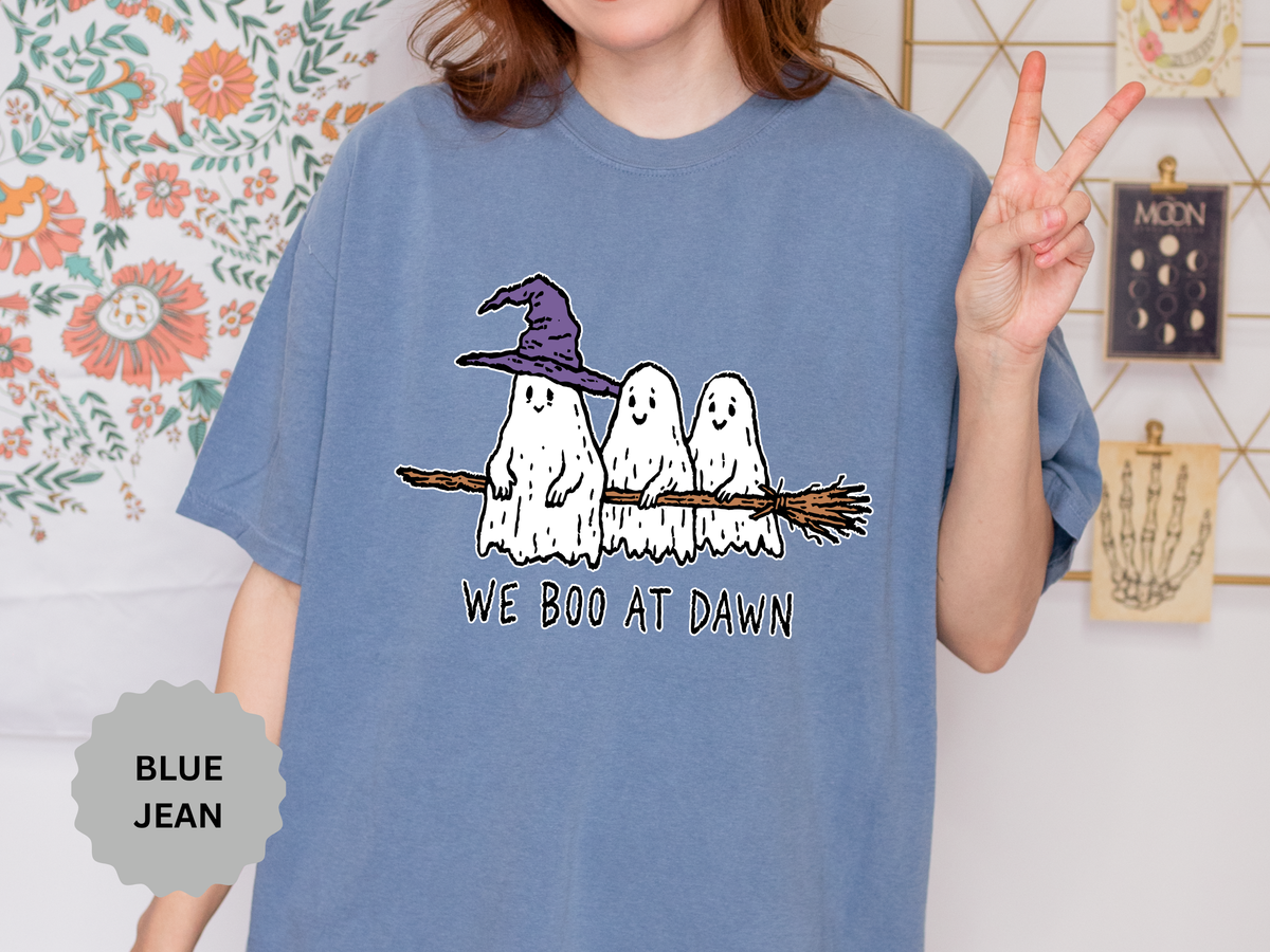 We Boo at Dawn Ghost Shirt, Funny Halloween Witch Broom Graphic Tee, Cute Spooky Season Gift for Friends and Ghost Lovers, October Outfit