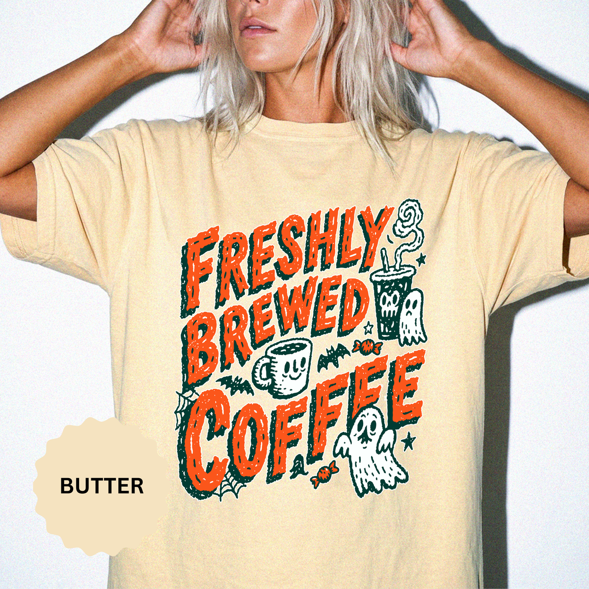 Coffee Lover Halloween Shirt, Freshly Brewed Coffee Ghost T-Shirt, Cute Spooky Season Gift for Barista and Caffeine Fan, Gift for Her