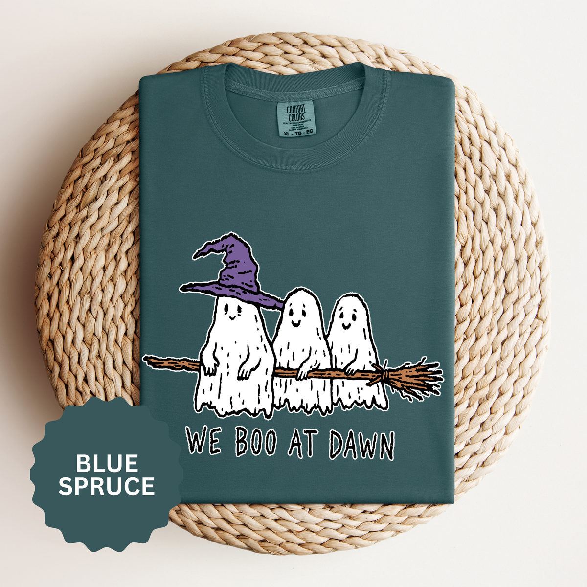 We Boo at Dawn Ghost Shirt, Funny Halloween Witch Broom Graphic Tee, Cute Spooky Season Gift for Friends and Ghost Lovers, October Outfit