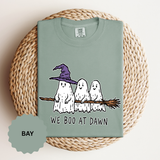 We Boo at Dawn Ghost Shirt, Funny Halloween Witch Broom Graphic Tee, Cute Spooky Season Gift for Friends and Ghost Lovers, October Outfit