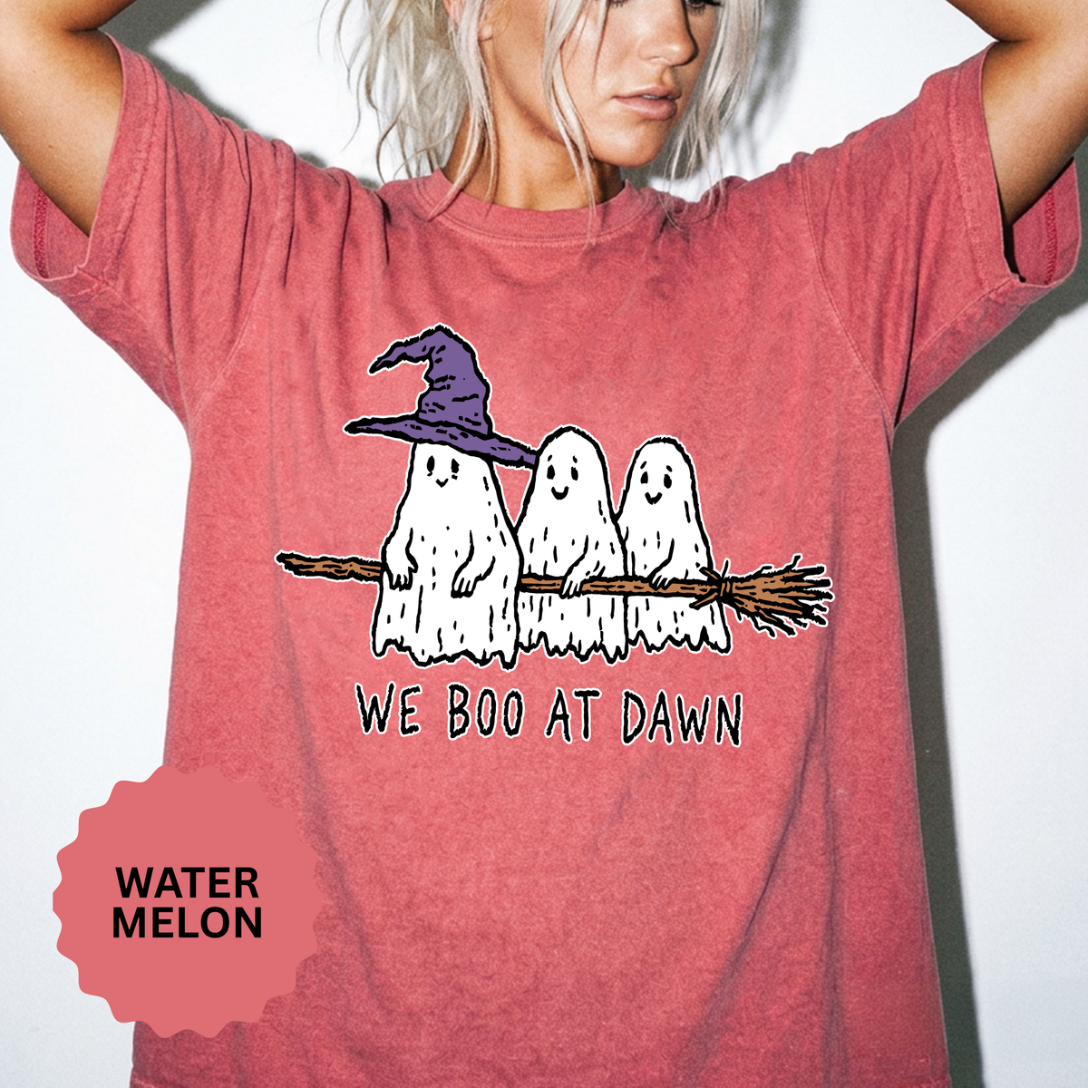 We Boo at Dawn Ghost Shirt, Funny Halloween Witch Broom Graphic Tee, Cute Spooky Season Gift for Friends and Ghost Lovers, October Outfit