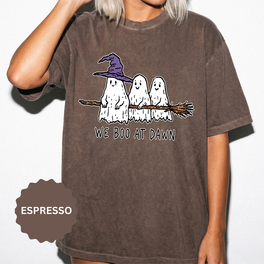 We Boo at Dawn Ghost Shirt, Funny Halloween Witch Broom Graphic Tee, Cute Spooky Season Gift for Friends and Ghost Lovers, October Outfit