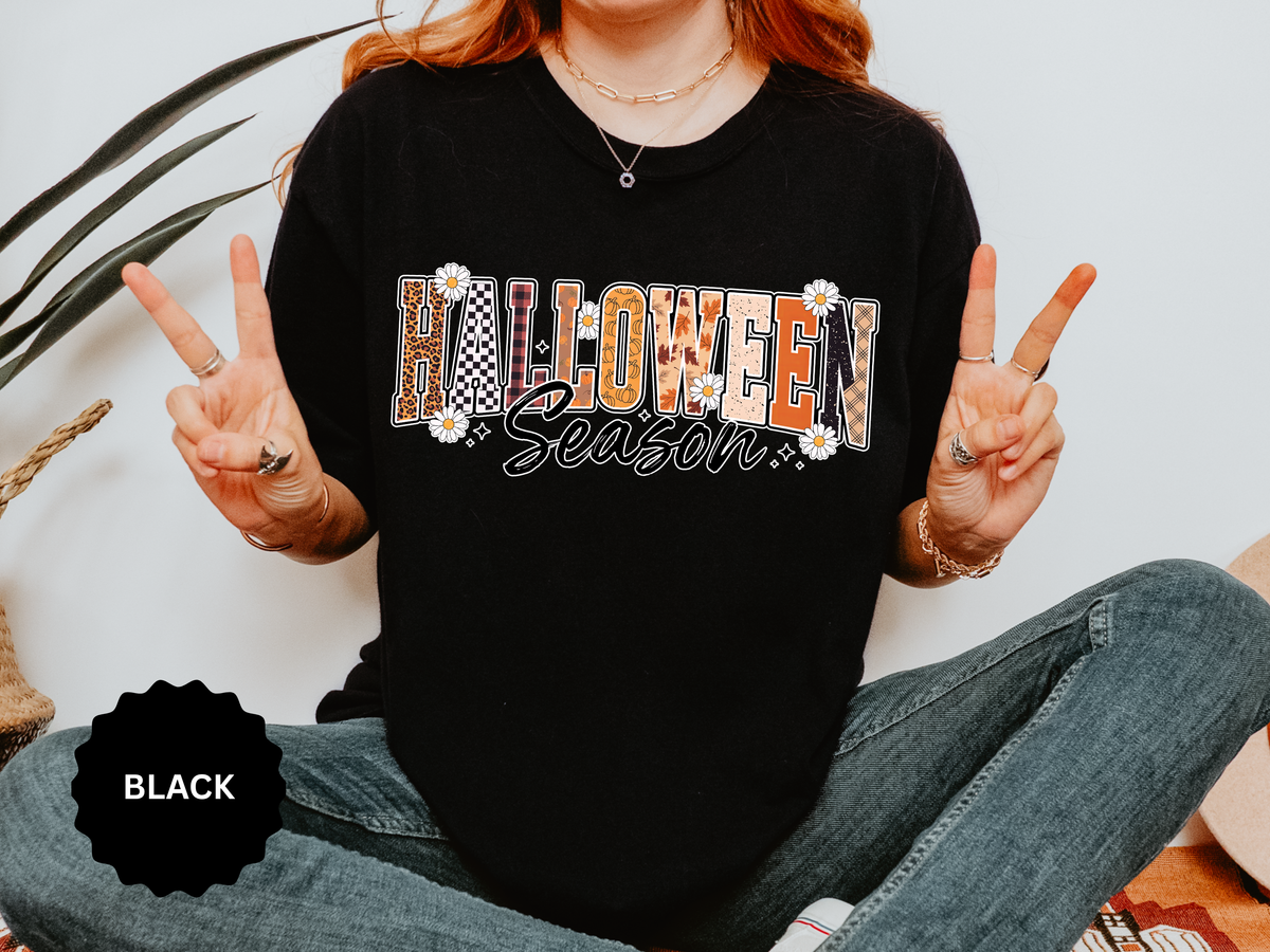 Halloween Season Shirt, Leopard Plaid Pumpkin Letter Graphic Tee, Cute Fall Gift for Women, Spooky October Outfit for Teachers and Moms