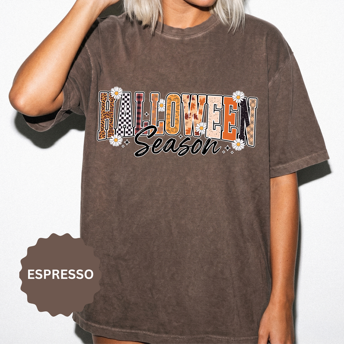 Halloween Season Shirt, Leopard Plaid Pumpkin Letter Graphic Tee, Cute Fall Gift for Women, Spooky October Outfit for Teachers and Moms
