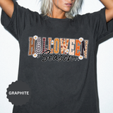 Halloween Season Shirt, Leopard Plaid Pumpkin Letter Graphic Tee, Cute Fall Gift for Women, Spooky October Outfit for Teachers and Moms
