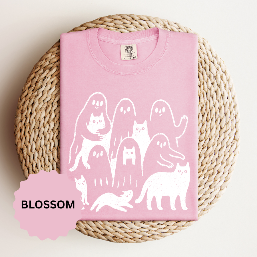 Ghost Cat Halloween Shirt, Cute Spooky Cats and Ghosts Graphic Tee, Cozy Pet Lover Gift, Minimal Black and White Fall Outfit for Women