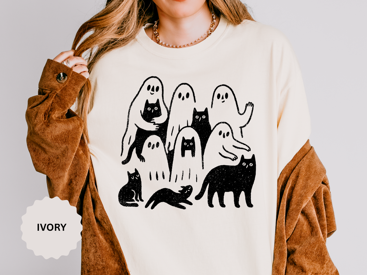 Ghost Cat Halloween Shirt, Cute Spooky Cats and Ghosts Graphic Tee, Cozy Pet Lover Gift, Minimal Black and White Fall Outfit for Women