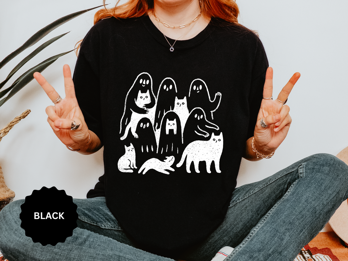 Ghost Cat Halloween Shirt, Cute Spooky Cats and Ghosts Graphic Tee, Cozy Pet Lover Gift, Minimal Black and White Fall Outfit for Women
