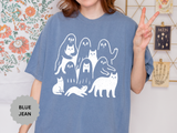 Ghost Cat Halloween Shirt, Cute Spooky Cats and Ghosts Graphic Tee, Cozy Pet Lover Gift, Minimal Black and White Fall Outfit for Women