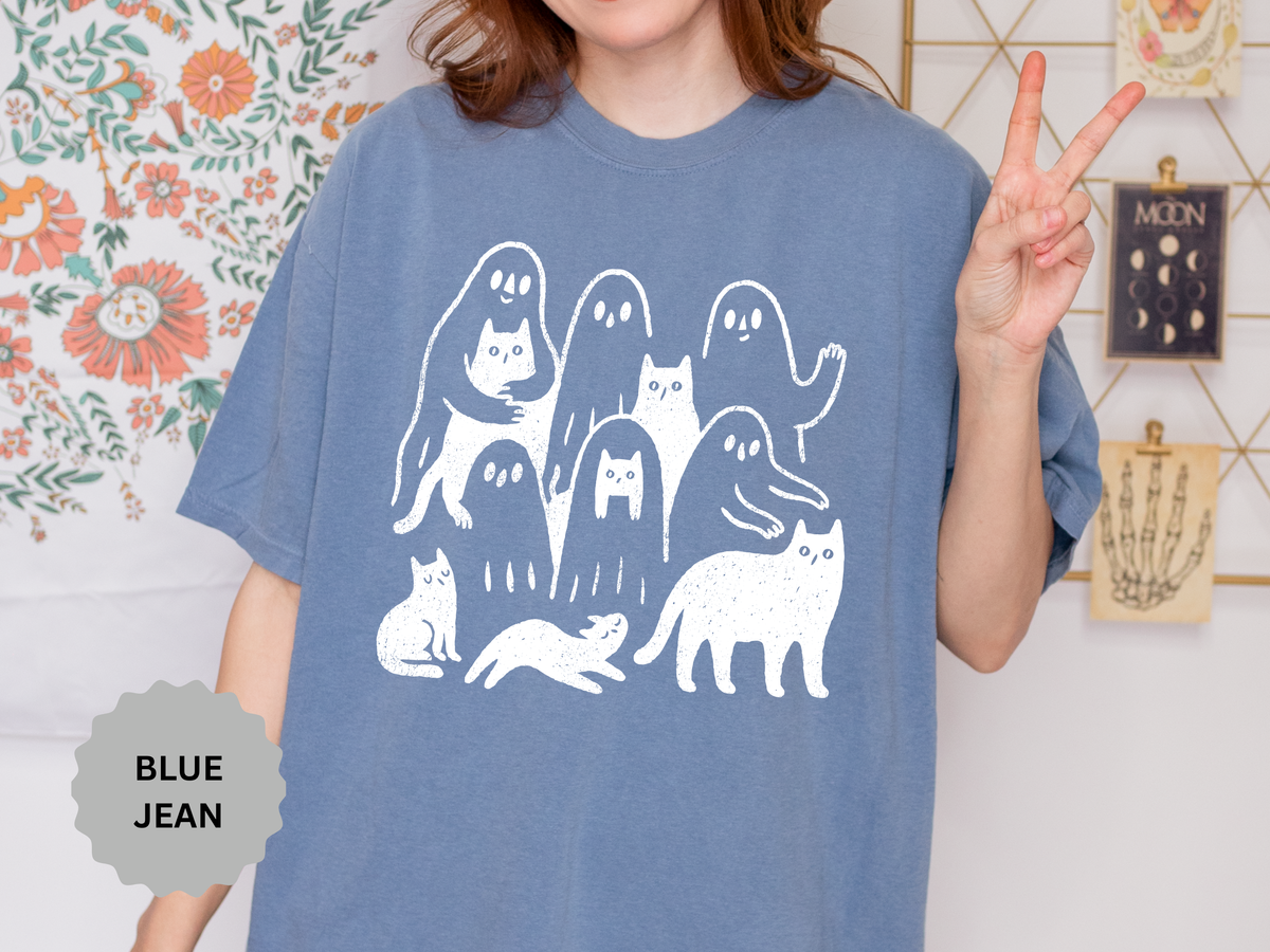 Ghost Cat Halloween Shirt, Cute Spooky Cats and Ghosts Graphic Tee, Cozy Pet Lover Gift, Minimal Black and White Fall Outfit for Women