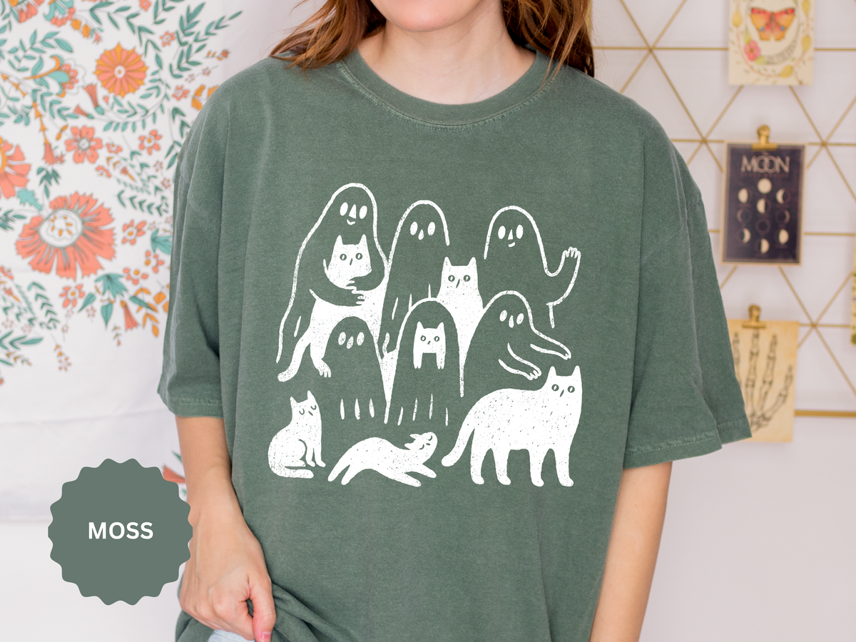 Ghost Cat Halloween Shirt, Cute Spooky Cats and Ghosts Graphic Tee, Cozy Pet Lover Gift, Minimal Black and White Fall Outfit for Women