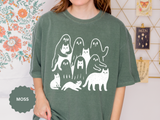 Ghost Cat Halloween Shirt, Cute Spooky Cats and Ghosts Graphic Tee, Cozy Pet Lover Gift, Minimal Black and White Fall Outfit for Women