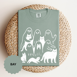 Ghost Cat Halloween Shirt, Cute Spooky Cats and Ghosts Graphic Tee, Cozy Pet Lover Gift, Minimal Black and White Fall Outfit for Women