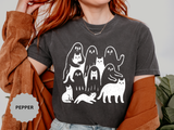 Ghost Cat Halloween Shirt, Cute Spooky Cats and Ghosts Graphic Tee, Cozy Pet Lover Gift, Minimal Black and White Fall Outfit for Women